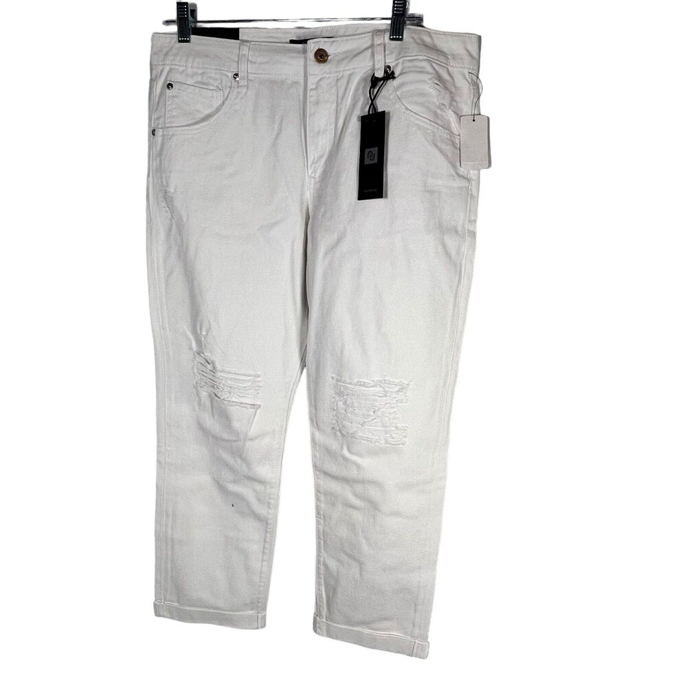 Numero Women's Destructed Cuffed Boyfriend Jeans Bright White Size 30 Retail $52